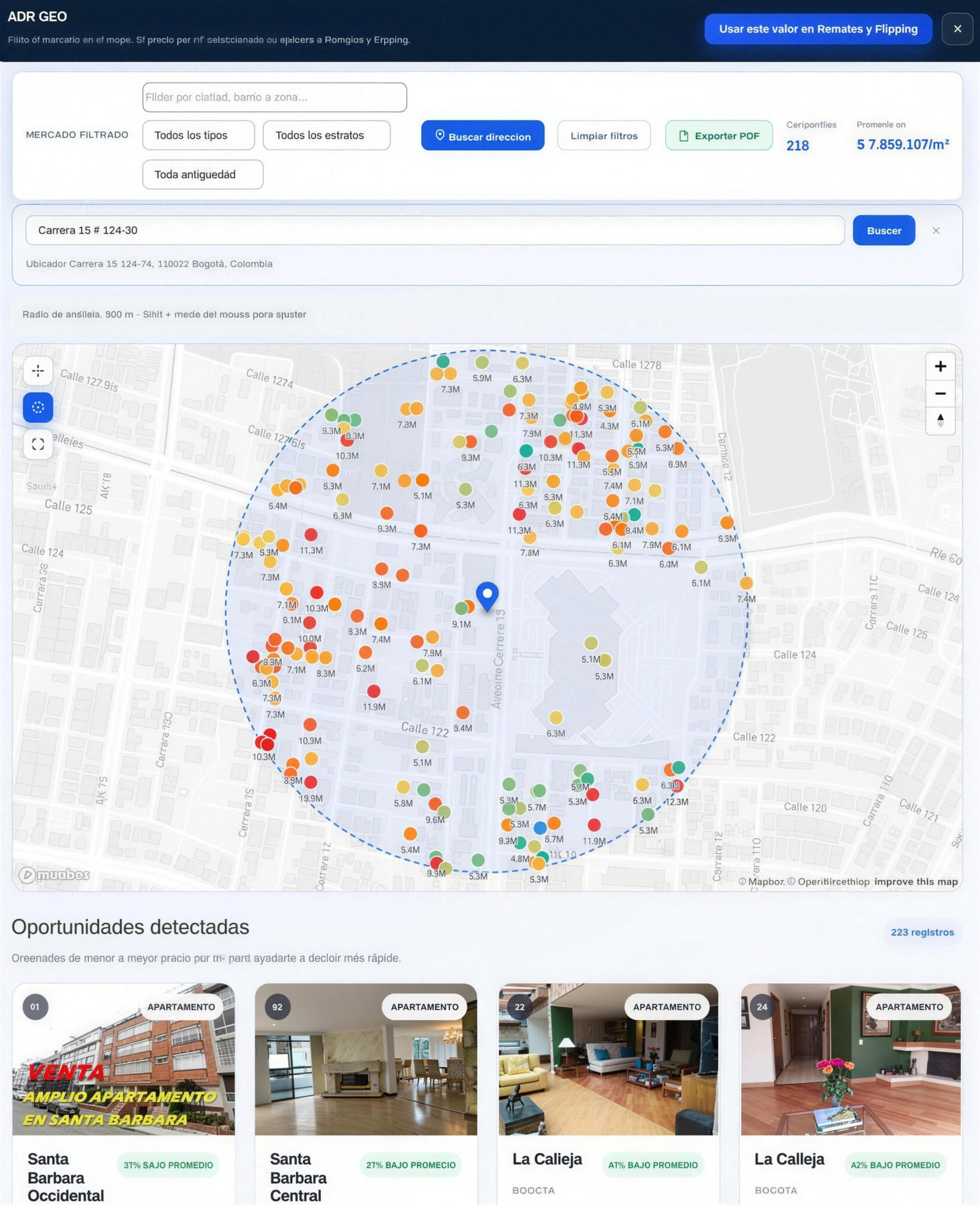 GEO m²: mapa con inmuebles comparables y precio promedio por metro cuadrado